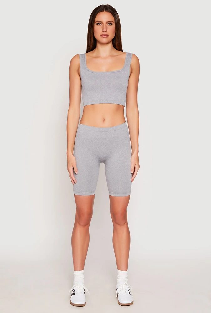 Womens Seamless Ribbed Knit Tank Top and Biker Shorts, Grey, Size S-M