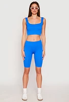 Womens Seamless Ribbed Knit Tank Top and Biker Shorts, Blue, Size S-M