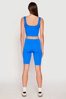 Womens Seamless Ribbed Knit Tank Top and Biker Shorts, Blue, Size S-M