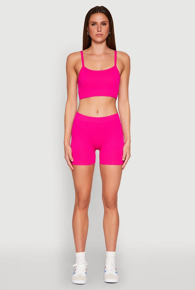 Womens Rib Knit Crop Top and Biker Shorts, Pink, Size S-M