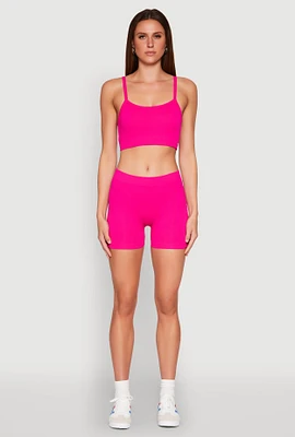 Womens Rib Knit Crop Top and Biker Shorts, Pink, Size S-M