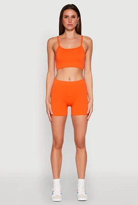 Womens Rib Knit Crop Top and Biker Shorts, Orange, Size L-XL