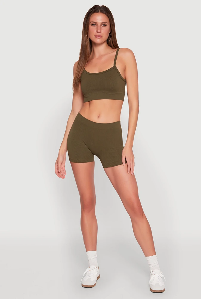 Womens Seamless Cropped Cami and Shorts Set, Green, Size S-M