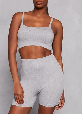Womens Seamless Ribbed Cropped Cami and Biker Shorts,
