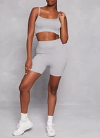 Womens Seamless Ribbed Cropped Cami and Biker Shorts, Grey,