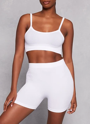 Womens Seamless Ribbed Cropped Cami and Biker Shorts, White, Size M