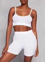 Womens Seamless Ribbed Cropped Cami and Biker Shorts, White, Size M