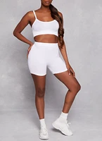Womens Seamless Ribbed Cropped Cami and Biker Shorts, White, Size M