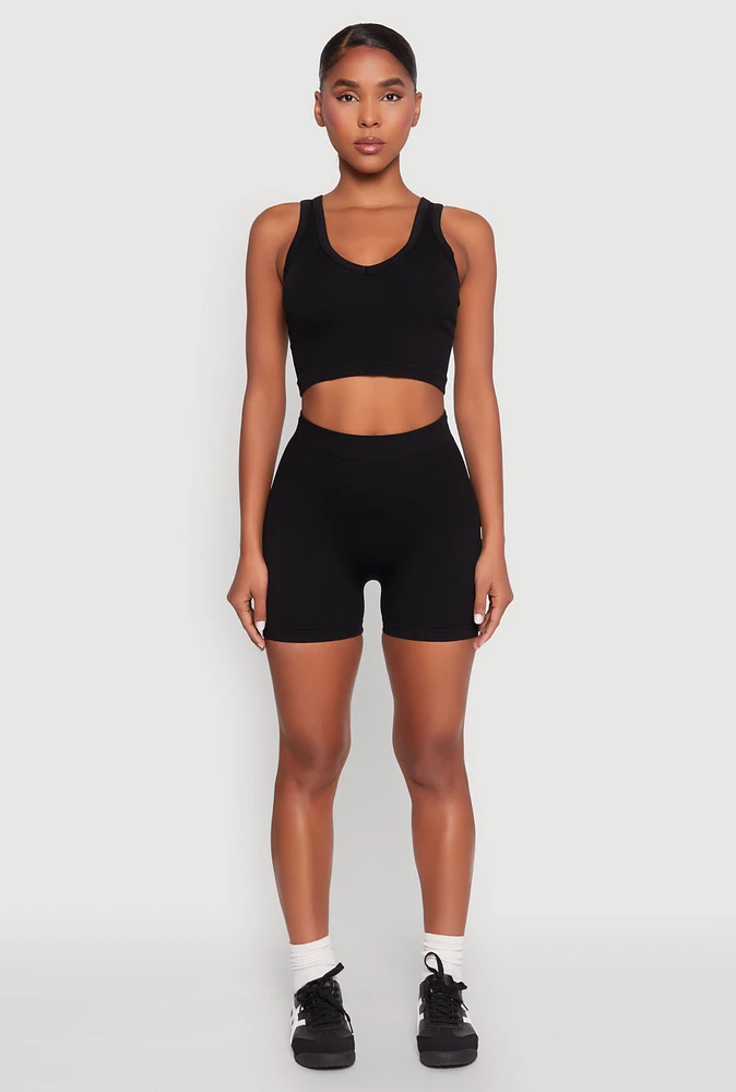 Womens Seamless V Neck Cropped Tank Top and Shorts,
