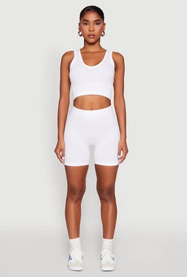 Womens Seamless V Neck Cropped Tank Top and Shorts, White, Size XL