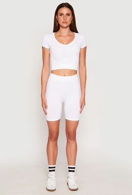 Womens Seamless Ribbed Knit Crop Top and Biker Shorts, White,