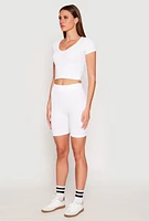 Womens Seamless Ribbed Knit Crop Top and Biker Shorts, White, Size S