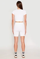Womens Seamless Ribbed Knit Crop Top and Biker Shorts, White,