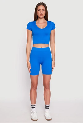 Womens Seamless Ribbed Knit Crop Top and Biker Shorts, Blue, Size L