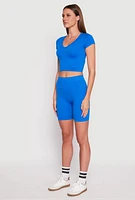 Womens Seamless Ribbed Knit Crop Top and Biker Shorts,