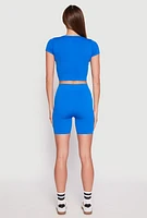 Womens Seamless Ribbed Knit Crop Top and Biker Shorts,