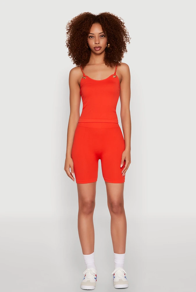Womens Metallic Chain Strap Seamless Cami and Shorts, Orange, Size S