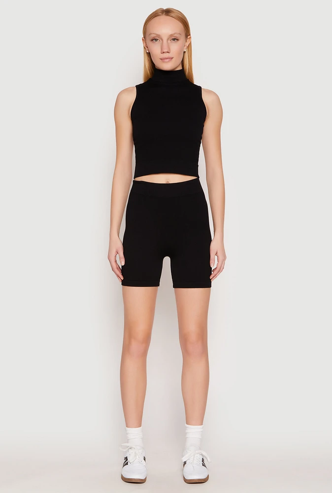 Womens Seamless Rib Knit Mock Neck Tank Top and Biker Shorts, Black,