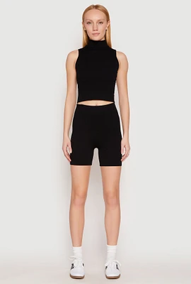 Womens Seamless Rib Knit Mock Neck Tank Top and Biker Shorts, Black,