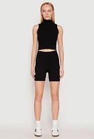 Womens Seamless Rib Knit Mock Neck Tank Top and Biker Shorts, Black,