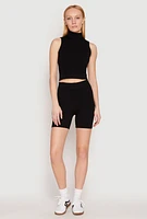 Womens Seamless Rib Knit Mock Neck Tank Top and Biker Shorts, Black,