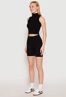Womens Seamless Rib Knit Mock Neck Tank Top and Biker Shorts, Black,