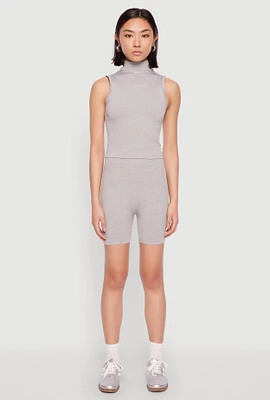Womens Seamless Rib Knit Mock Neck Tank Top and Biker Shorts, Grey,