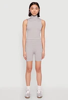 Womens Seamless Rib Knit Mock Neck Tank Top and Biker Shorts, Grey,