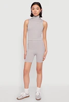 Womens Seamless Rib Knit Mock Neck Tank Top and Biker Shorts, Grey,