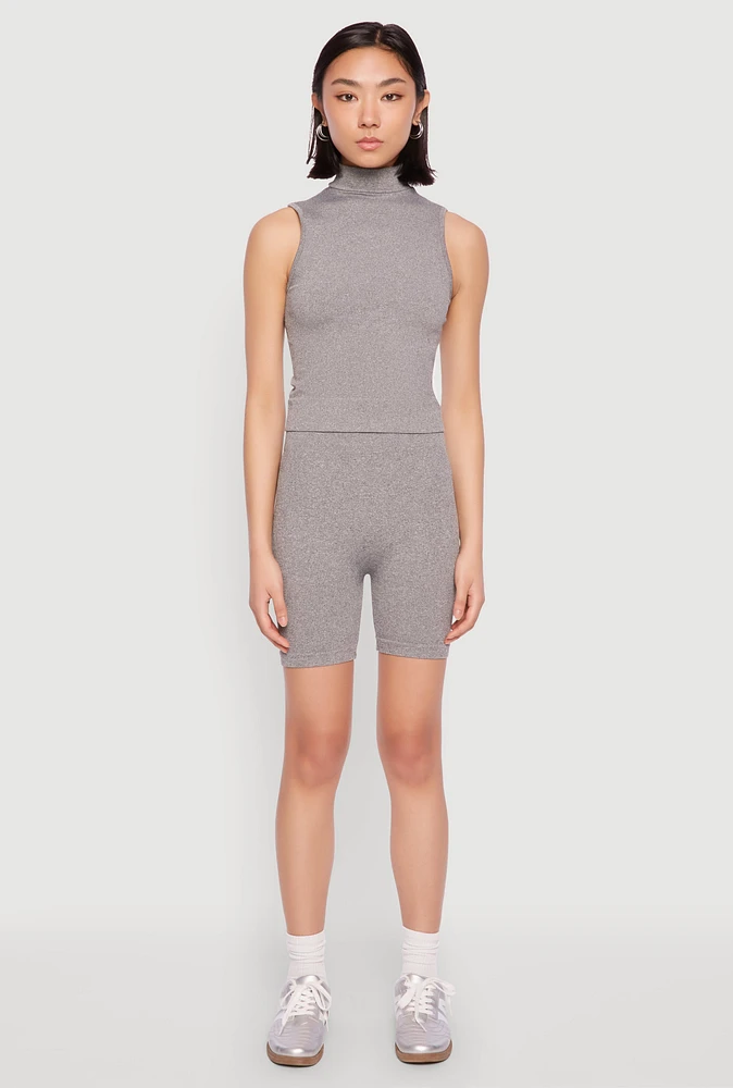Womens Seamless Rib Knit Mock Neck Tank Top and Biker Shorts, Grey, Size S