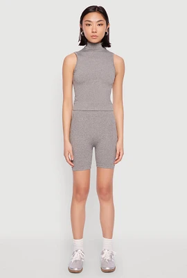 Womens Seamless Rib Knit Mock Neck Tank Top and Biker Shorts, Grey, Size S