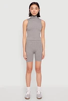 Womens Seamless Rib Knit Mock Neck Tank Top and Biker Shorts, Grey, Size S