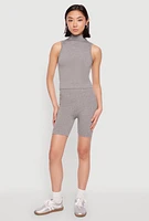 Womens Seamless Rib Knit Mock Neck Tank Top and Biker Shorts, Grey, Size S