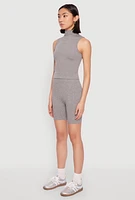 Womens Seamless Rib Knit Mock Neck Tank Top and Biker Shorts, Grey, Size S