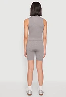 Womens Seamless Rib Knit Mock Neck Tank Top and Biker Shorts, Grey, Size S