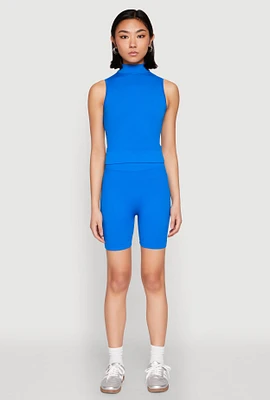 Womens Seamless Rib Knit Mock Neck Tank Top and Biker Shorts,