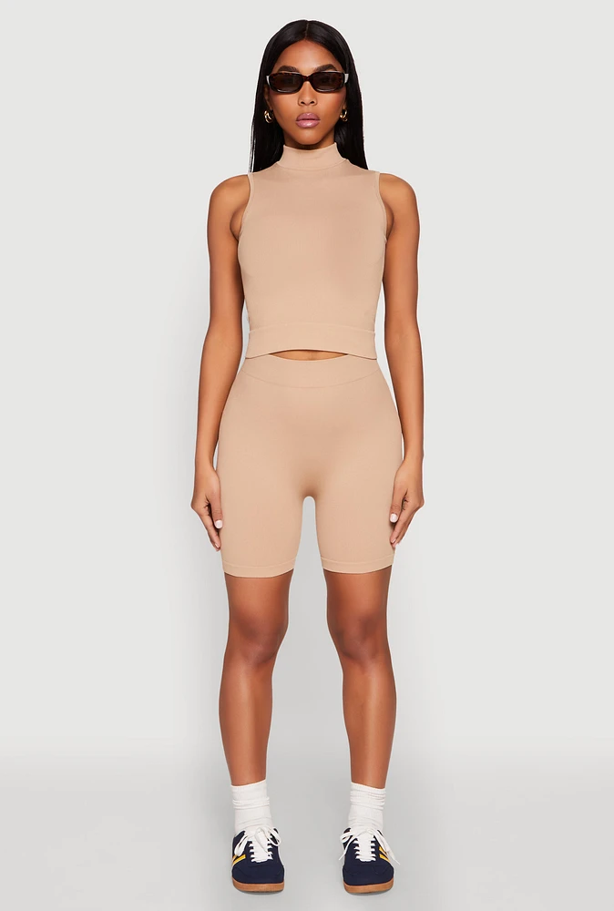 Womens Seamless Rib Knit Mock Neck Tank Top and Biker Shorts,