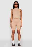 Womens Seamless Rib Knit Mock Neck Tank Top and Biker Shorts,