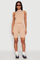 Womens Seamless Rib Knit Mock Neck Tank Top and Biker Shorts,