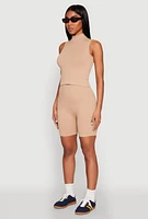 Womens Seamless Rib Knit Mock Neck Tank Top and Biker Shorts,