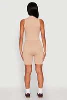 Womens Seamless Rib Knit Mock Neck Tank Top and Biker Shorts,