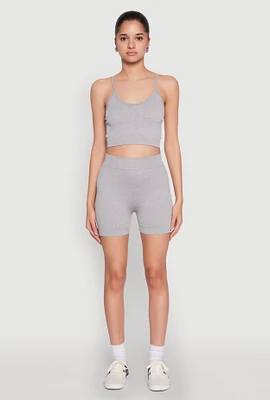 Womens Seamless Cropped Cami and Biker Shorts Set, Grey,