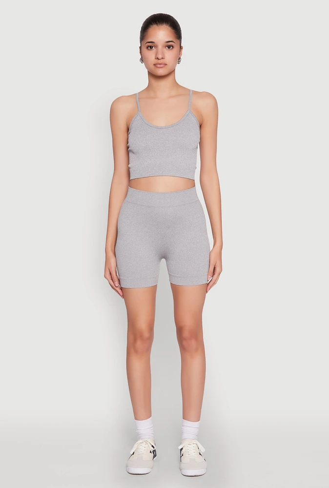 Womens Seamless Cropped Cami and Biker Shorts Set, Grey, Size M