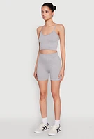 Womens Seamless Cropped Cami and Biker Shorts Set, Grey, Size M