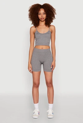 Womens Seamless Cropped Cami and Biker Shorts Set, Grey,