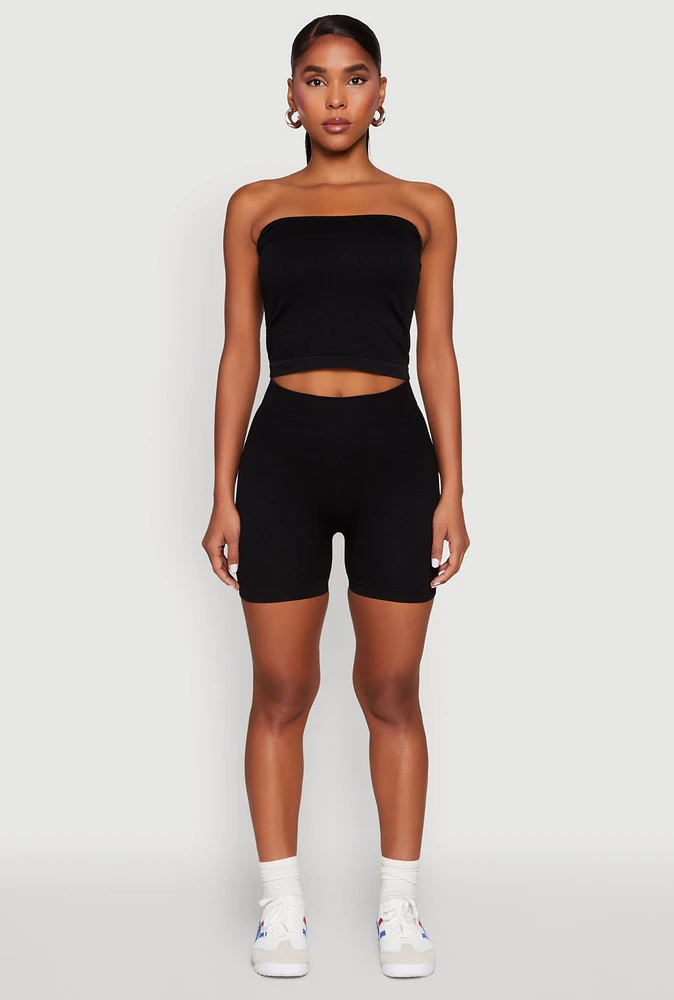 Womens Compression Rib Seamless Tube Top and Shorts,