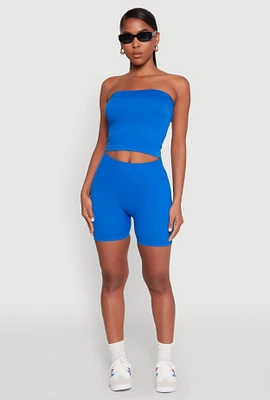 Womens Compression Rib Seamless Tube Top and Shorts, Blue, Size XL
