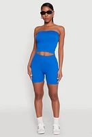 Womens Compression Rib Seamless Tube Top and Shorts, Blue, Size XL