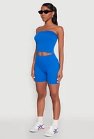 Womens Compression Rib Seamless Tube Top and Shorts, Blue, Size XL