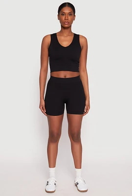 Womens Seamless V Neck Crop Top and Biker Shorts, Black, Size S